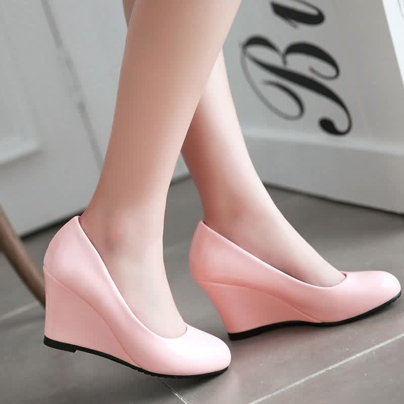 浅口圆头漆皮坡跟单鞋女韩版时尚ol职业通勤高跟低帮鞋2016春秋新款套