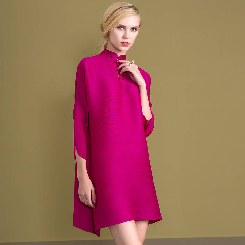 新款 气质优雅纯色时尚小立领不规则中袖连衣裙上衣5121201 玫红色 s