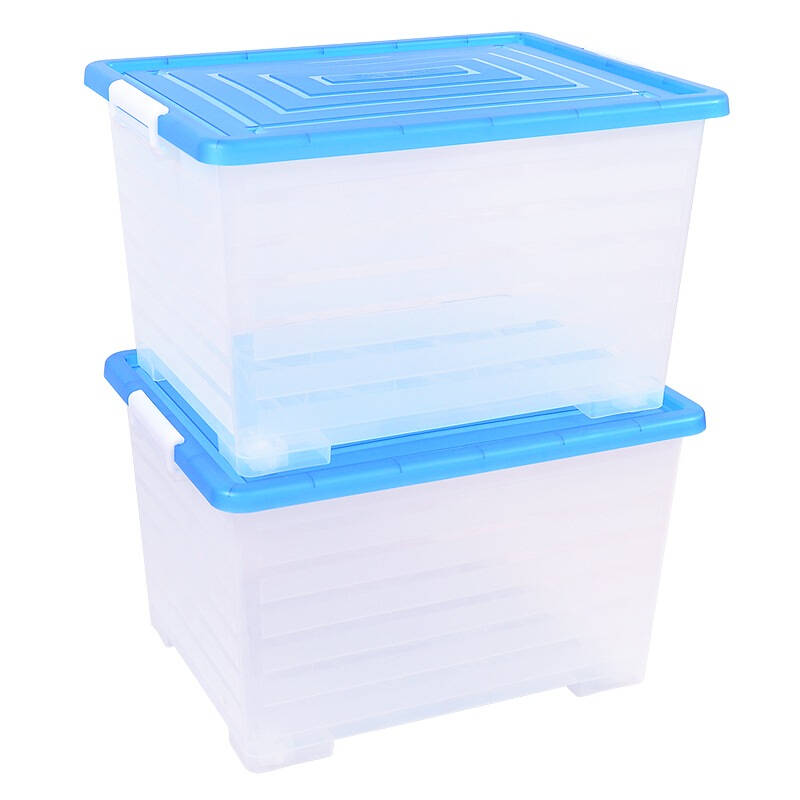 百草园 透明塑料收纳箱 大号储物箱 衣物被子整理箱2个装(70l 法式蓝)