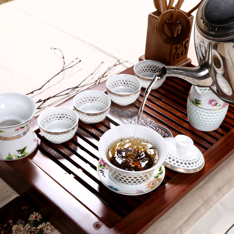 梅兰竹菊(吉祥如意)功夫茶具整套装实木质花梨木茶盘创意玲珑紫砂家用