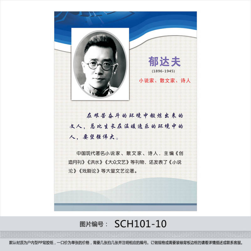名人名言挂图 教室布置作家头像 文学家简介 郁达夫贴画sch101-10 户