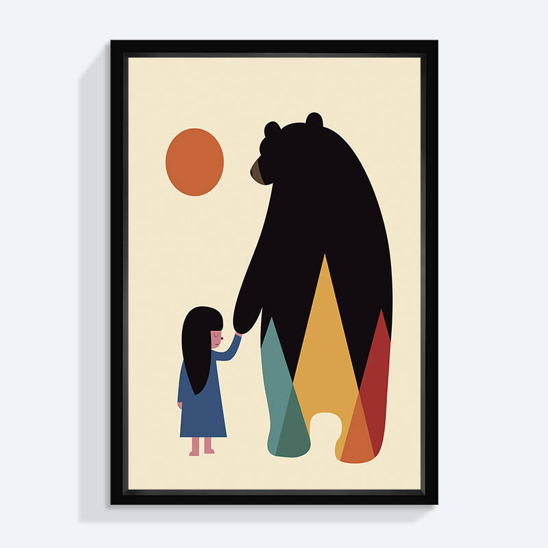 北欧现代简约客厅装饰画小熊与小孩儿童房挂画酒吧壁画卧室有框画
