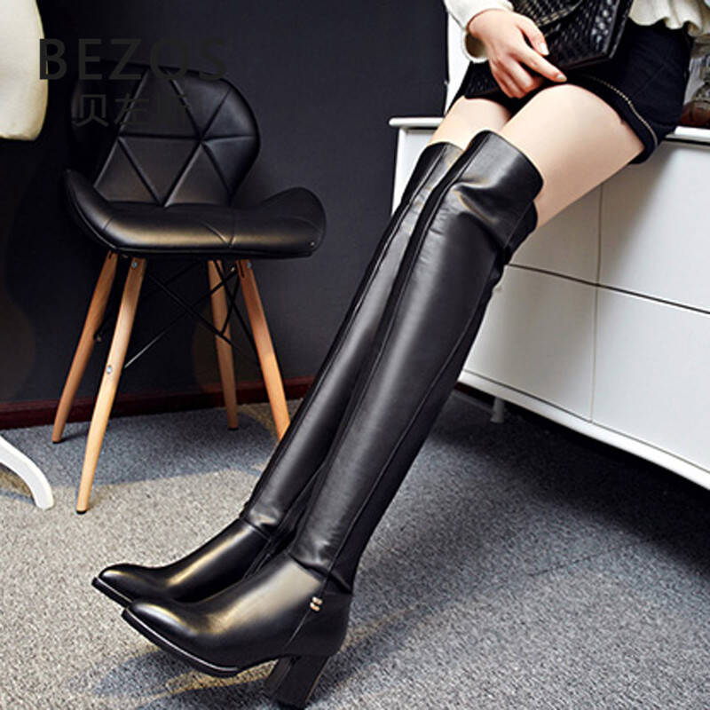 香港品牌bezos贝左斯 冬季新款时尚过膝长靴保暖粗跟高跟靴子 黑色 39
