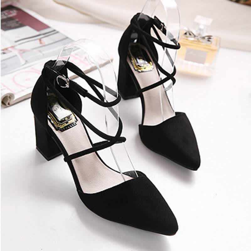 奥诗邦薇 单鞋女中跟粗跟气质尖头一字扣搭扣女鞋复古