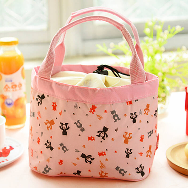 棉布饭盒袋 手提便当包带饭小拎包 带饭午餐包女士小包包 粉红色卡通