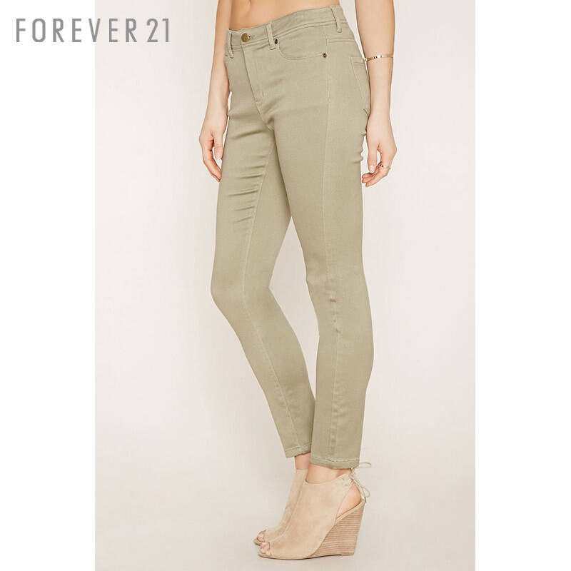 xx forever21 纯色百搭棉质中腰小脚长裤 浅橄榄色 27