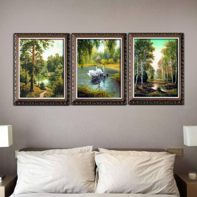 美式客厅装饰画欧式油画壁画沙发背景墙画有框画三联风景画 9. 40*50