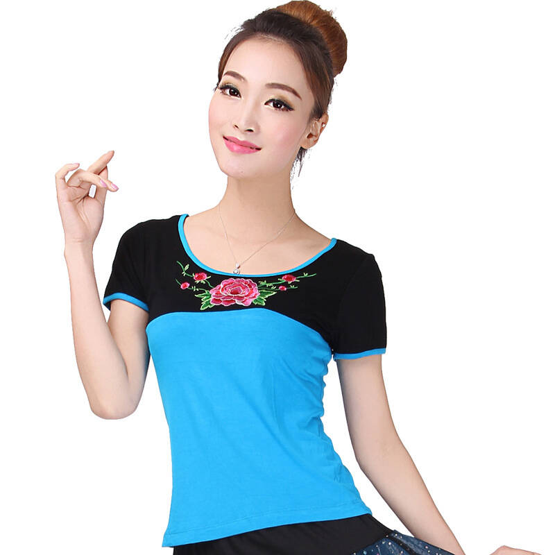 时尚魅力潮流广场舞服装春夏季莫代尔绣花短袖舞蹈服广场舞舞蹈服短袖