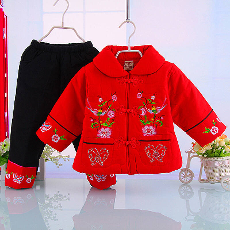冬季新款1-2-3岁女童夹棉保暖中厚唐装两件套女宝宝喜庆过年衣服新年