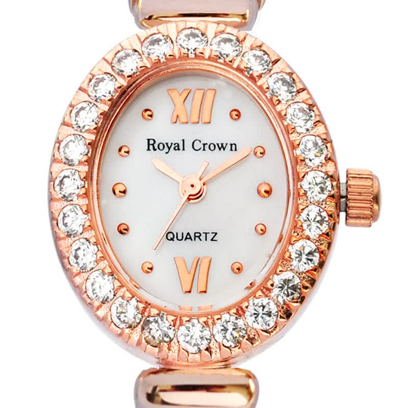 萝亚克朗(royal crown)手表 女士椭圆形镶钻手链表1516玫瑰金 橄榄链