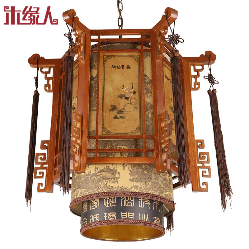 新古典中式吊灯仿古羊皮灯实木雕花灯笼茶楼餐厅饭店酒店阳台过道灯具
