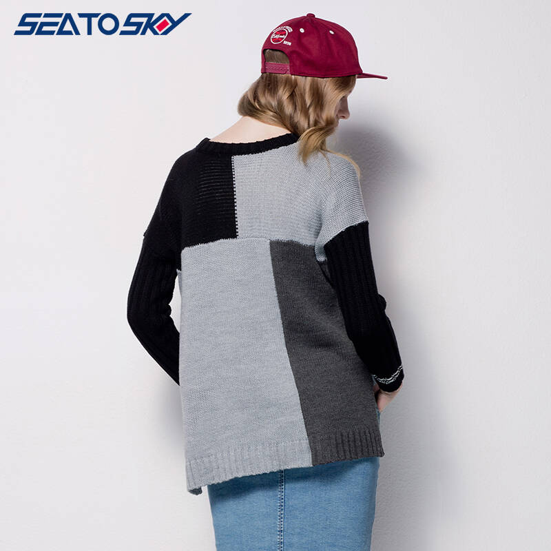 seatosky2016年春款拼接中长款欧美宽松女针织衫毛衣fij535e217 混色
