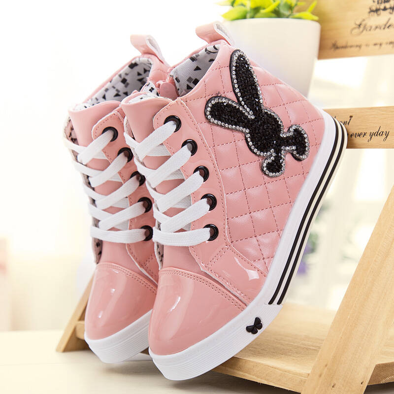 兔2015女童运动鞋韩版时尚高帮亮钻休闲鞋儿童帆布鞋女童鞋潮 粉红色
