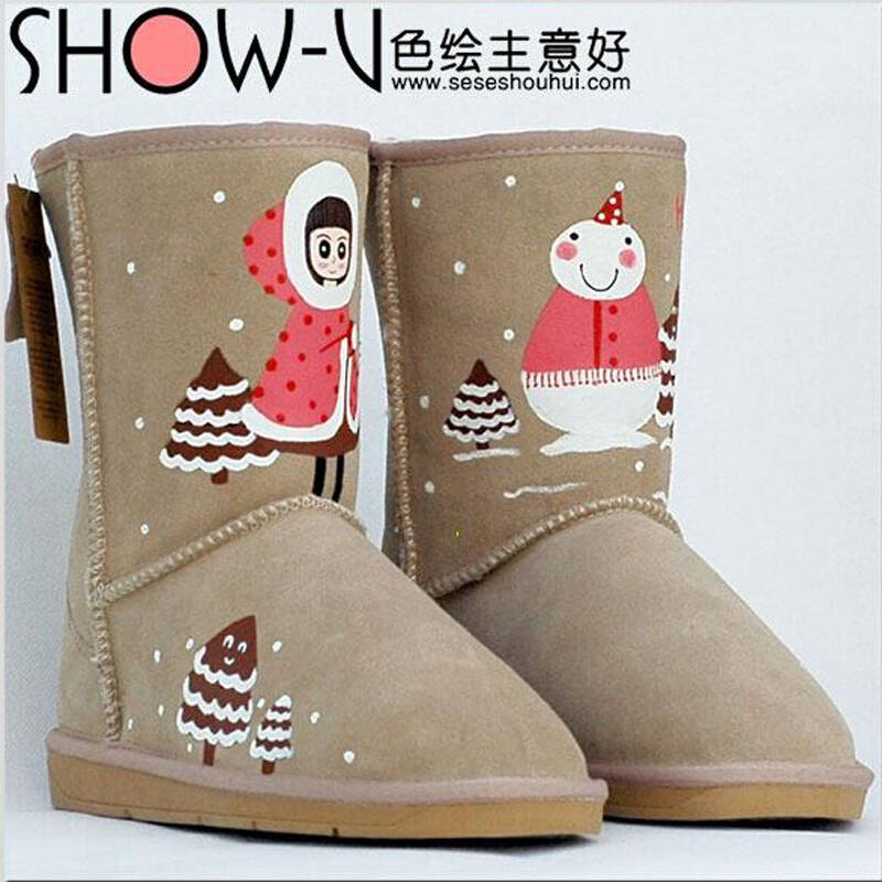 卜丁雪地靴 女 牛皮中筒靴 涂鸦雪地靴 手绘靴子 雪人