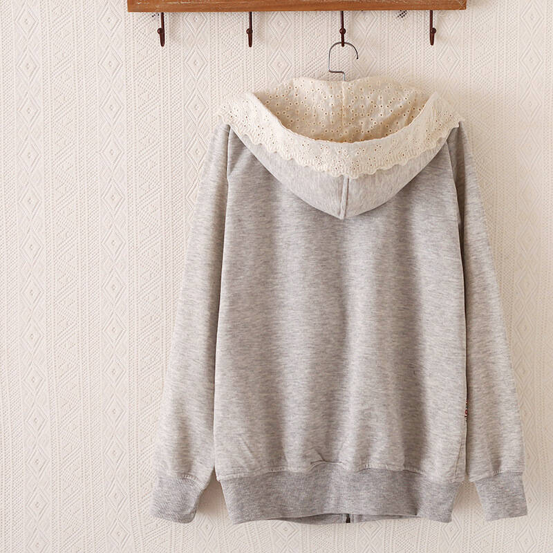 新款森女系蕾丝卫衣 民族风条纹拼接花边连帽开衫上衣棉麻卫衣1452