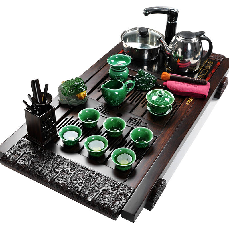 辉跃 功夫茶具套装紫砂汝窑青瓷整套茶具 高档黑檀木实木茶盘 四合一