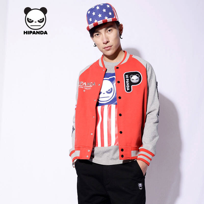hipanda 你好熊猫 设计潮牌 男款 插肩袖 棒球服 红色