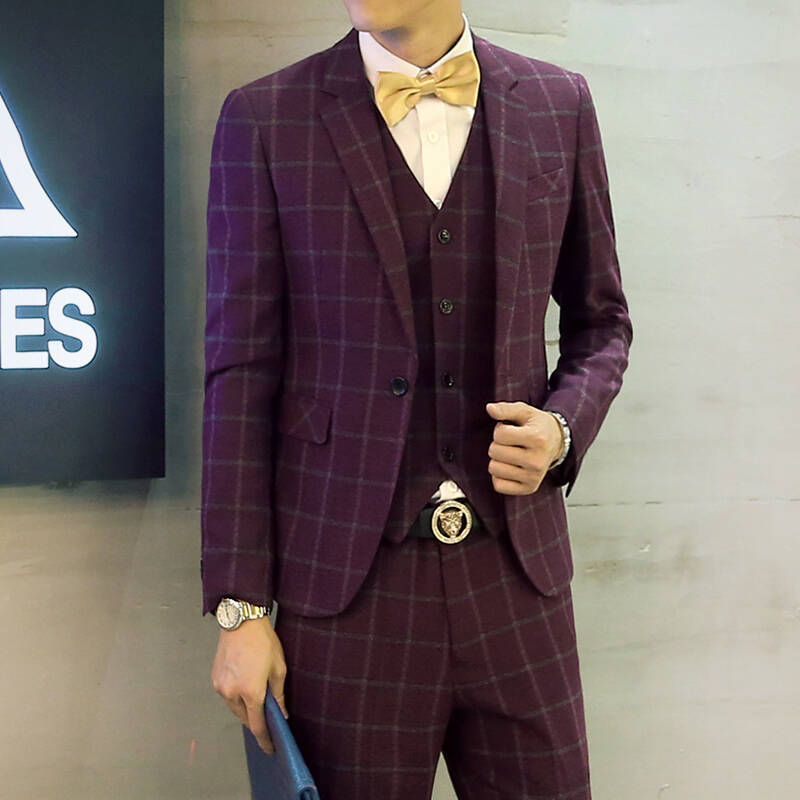 汉朴思2016新款西服男休闲西装男装新郎结婚礼服 商务格子正装小西装