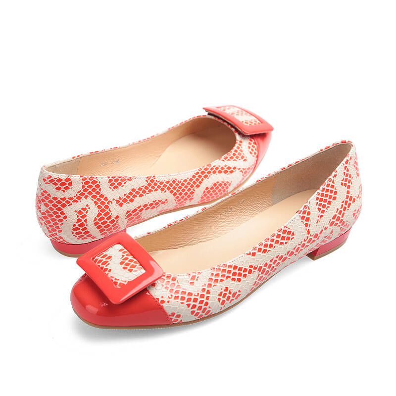 fed女鞋 休闲蛇纹牛皮圆头低跟平底单鞋1180140 红白蛇纹牛皮243001