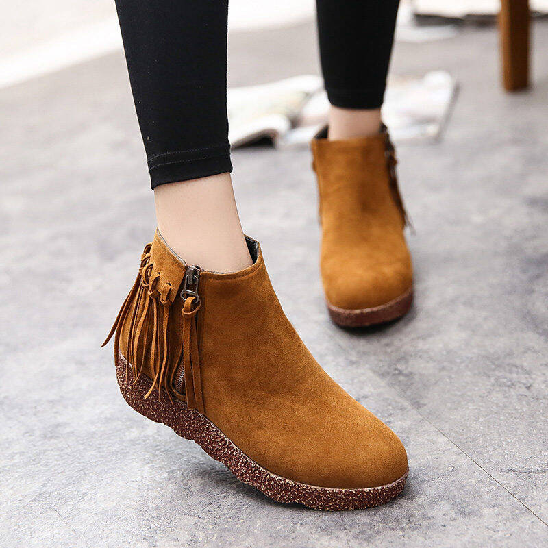 中跟女鞋低筒低帮女款马丁靴厚底流苏短筒平底靴子xmm-hp1299 深棕色