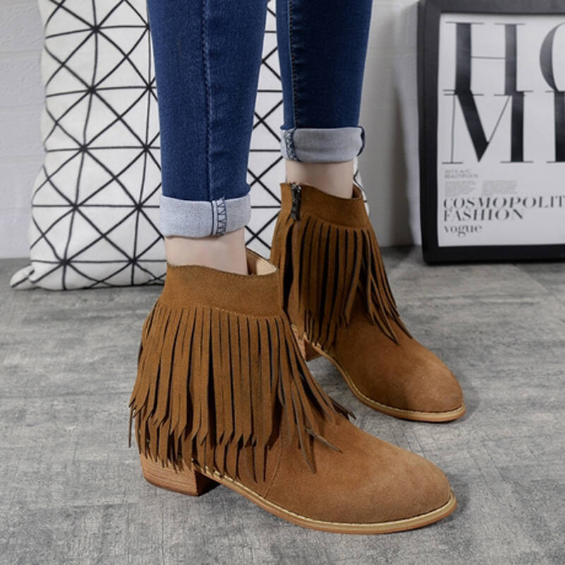 圆头防水台女鞋 反绒牛皮流苏女短靴 粗跟高跟鞋 棕色 38