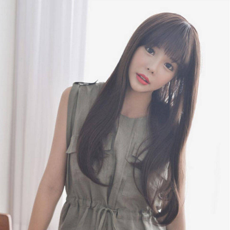 韩国时尚空气刘海长卷发梨花假发女长直发微卷逼真内扣中长假发套 深
