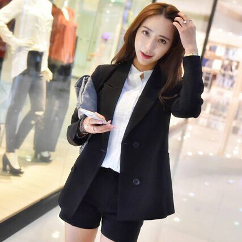 韩国代购同款2015秋装新款 时尚修身 双排扣百搭中长款女士小西装