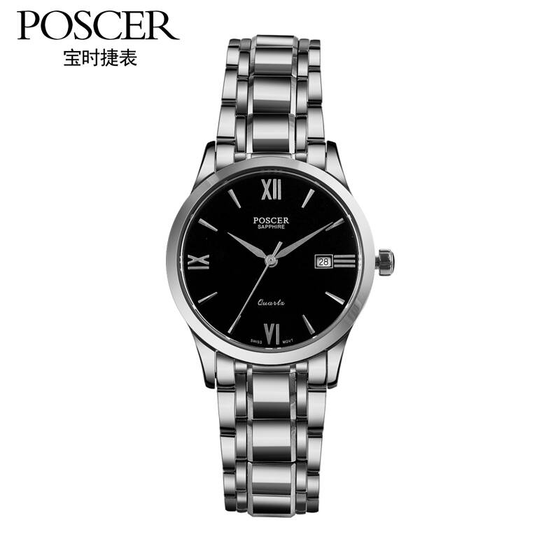 宝时捷(poscer)黑色钢带女士手表日历女士手表商务女表保时捷手表3010