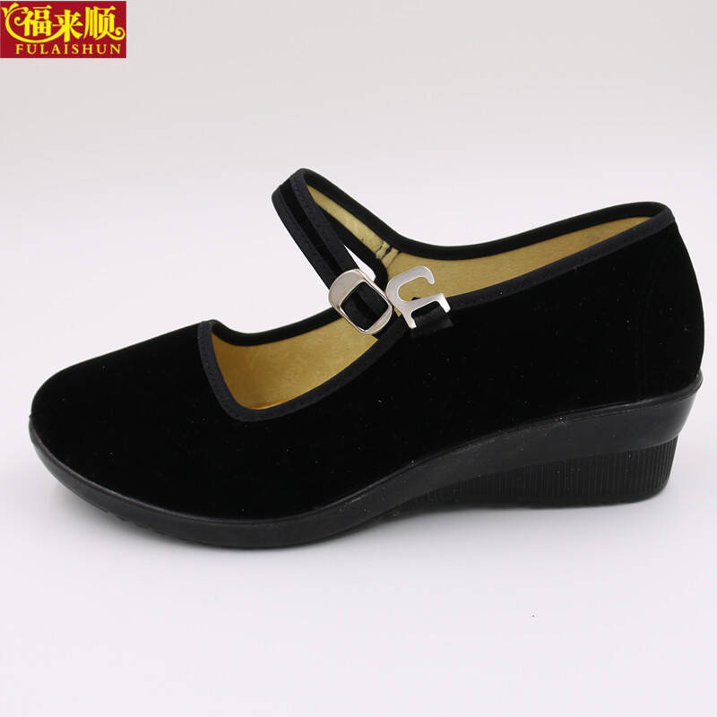 女式黑色工作鞋平绒一代广场跳舞鞋 老北京布鞋 妈妈鞋 坡跟一代 37