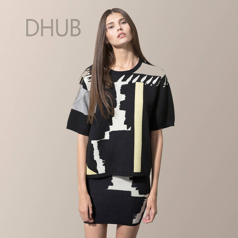 dhub 设计师孔南南 黄竖条抽象风景提花中袖套头羊毛衫 30%美丽诺羊毛