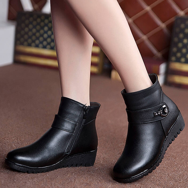 2015新款冬季妈妈棉皮鞋大码 牛皮中老年女羊毛加厚皮鞋休闲平底短靴