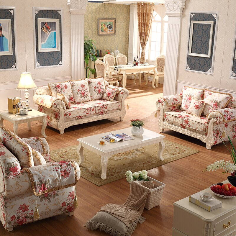 美凯家具 欧式可拆洗布沙发组合 简约韩式地中海布艺沙发实木雕花法式