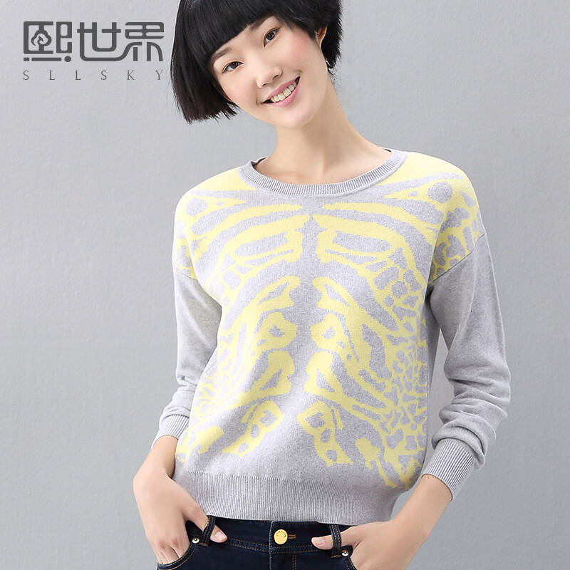 熙世界2015冬装新款上衣大码圆领长袖毛衣针织衫 女 184la174 灰色 m
