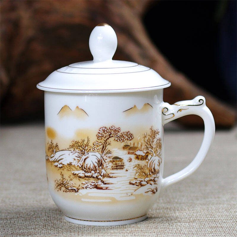 帝博钰 景德镇陶瓷茶杯带盖 超薄骨瓷杯个人办公水杯带礼盒礼品 金色