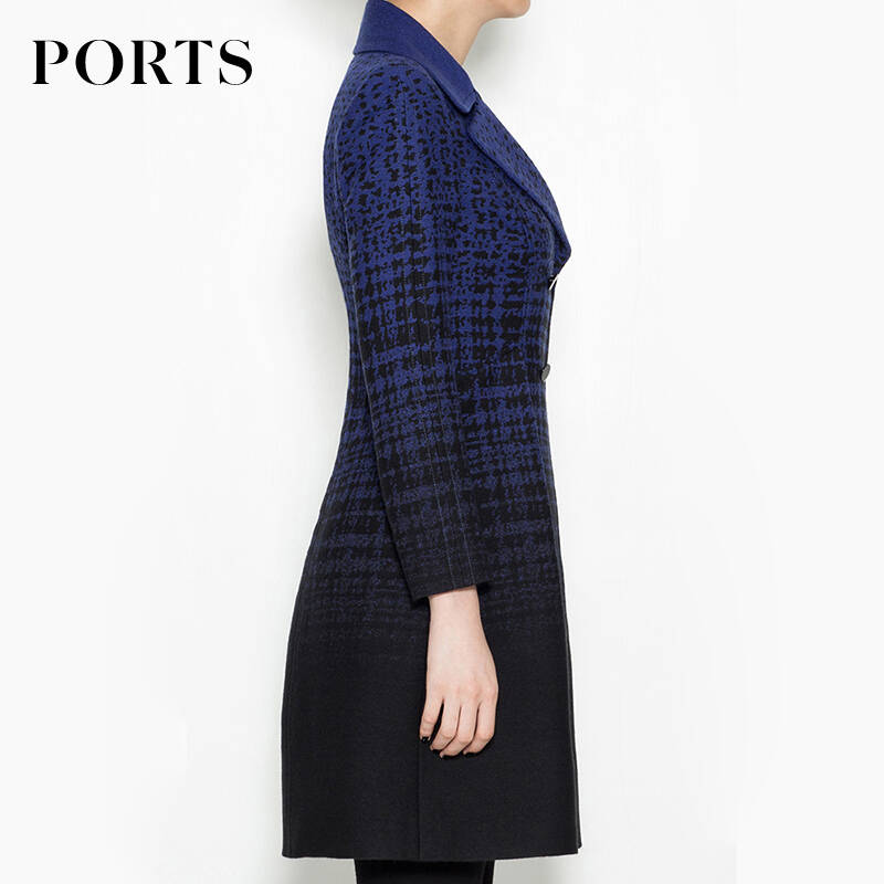 ports/宝姿 2015秋冬新款女装渐变色长款收腰大翻领大衣lc9c029sxfk01