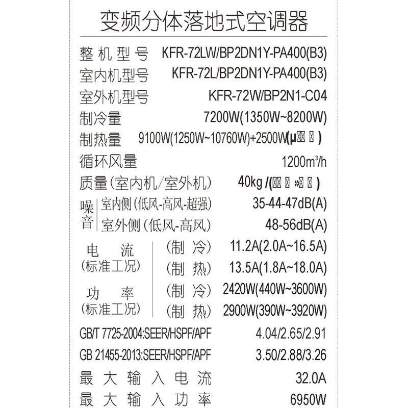美的(midea)3匹 变频 冷暖 空调柜机 冷静星 kfr-72lw/bp2dn1y-pa400