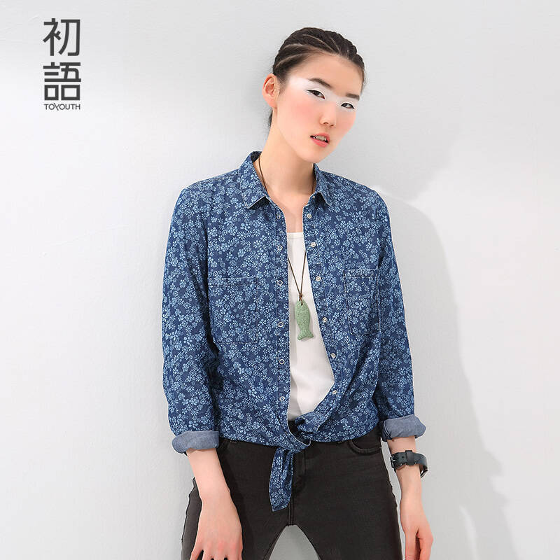 初语2016春季新品牛仔碎花长袖衬衣衬衫女8530215003 蓝底浅蓝花 l