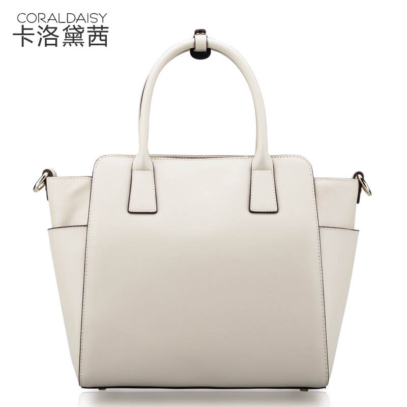 卡洛黛茜 真牛皮女包时尚简约撞色女士包包欧美单肩包女式手提包 米