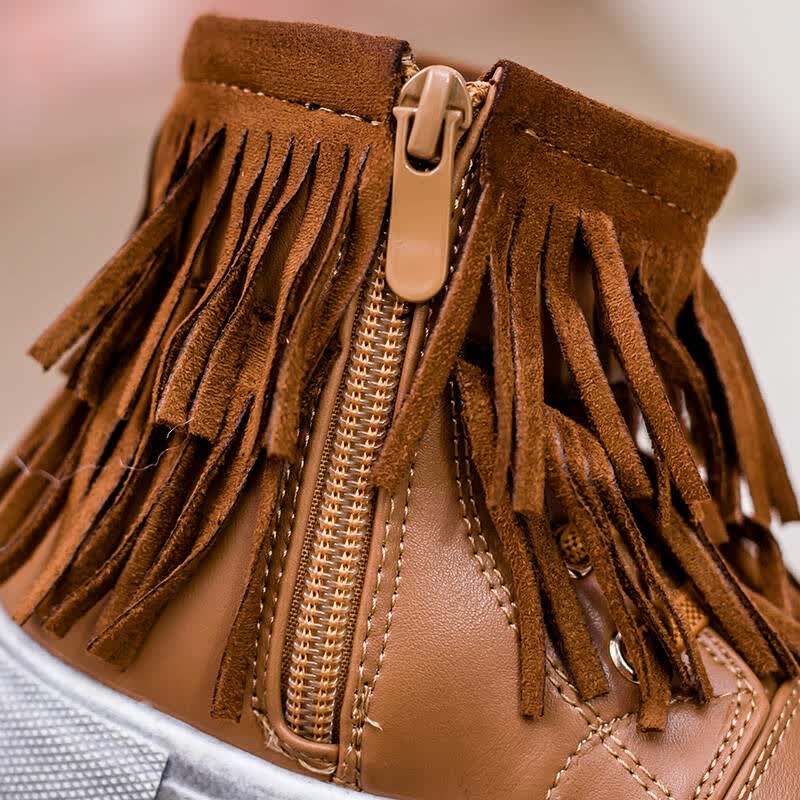 冬款女小童短靴韩版潮鞋 复古流苏靴子宝宝棉鞋磨旧底高帮板鞋 棕色