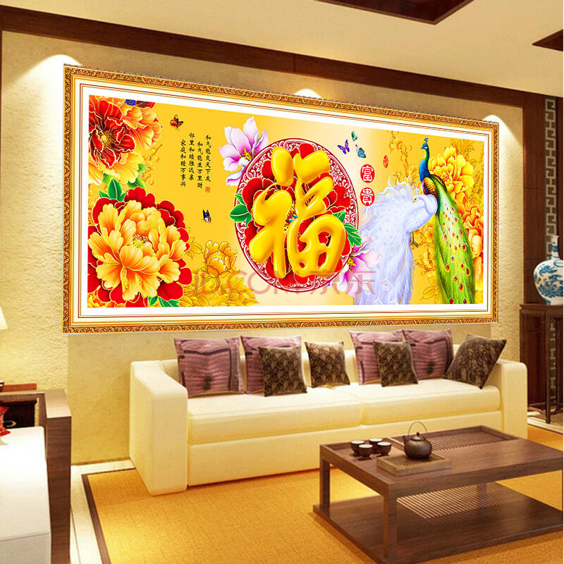 ksdiy钻石十字绣客厅新款大福花开富贵孔雀钻石画
