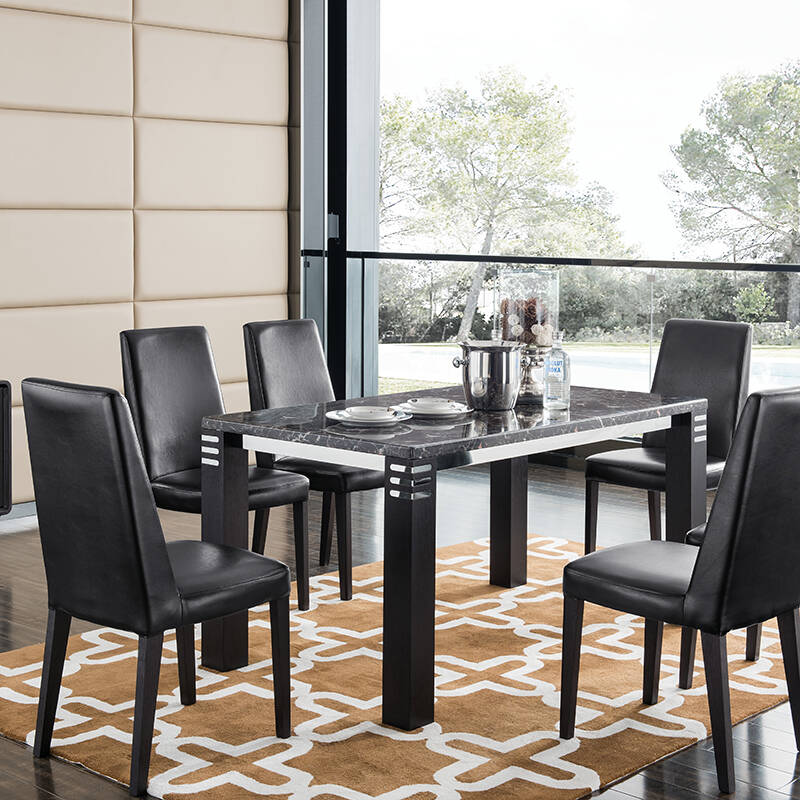 欧瑞家具 黑檀实木纹理6人大理石餐桌椅组合加长款1.
