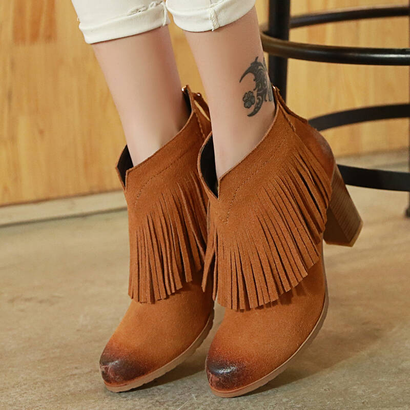 牛皮女式靴子牛反绒女鞋 流苏踝靴粗跟高跟短靴女靴休闲鞋 9041 棕色