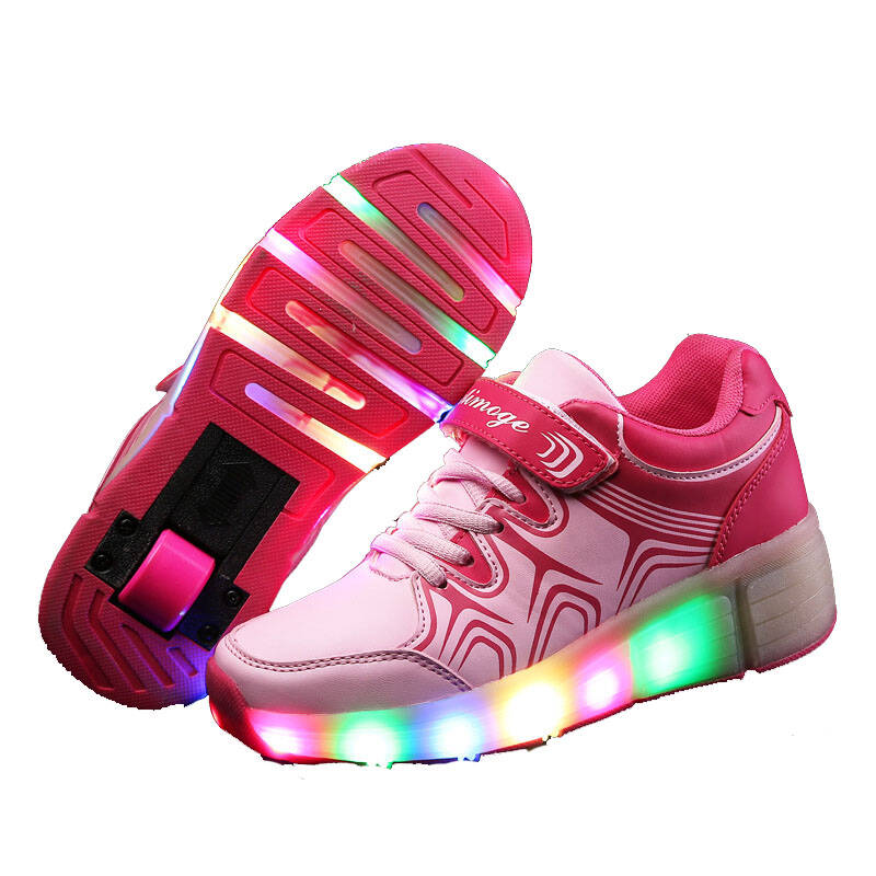 带灯款 暴走鞋男童女儿童自动冬款爆走鞋带轮子的运动童鞋 粉红色 33