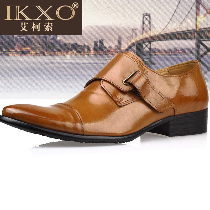 ikxo优质牛皮男鞋新品冬季欧美青年办公室搭扣商务正装皮鞋棕色43