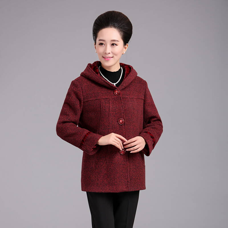 格调女人秋冬新款中老年女装连帽毛呢外套 时尚妈妈装