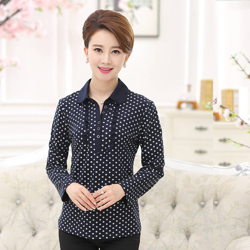 辛酉梦 中老年女装妈妈装春装新款中年女士长袖t恤衫打底衫bs726 蓝色