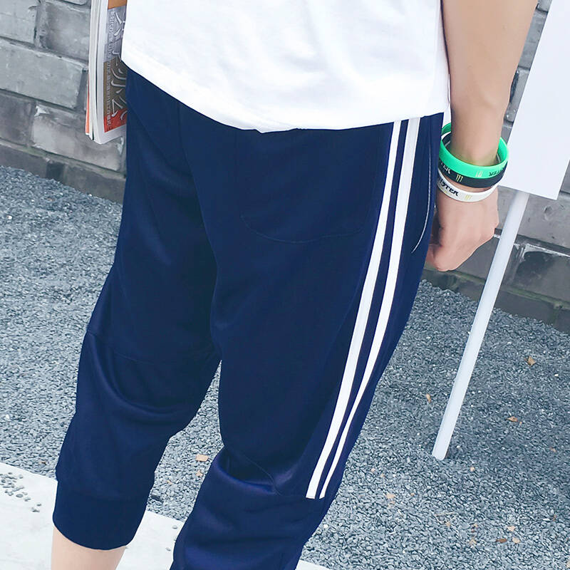 裤夏季装新款韩版男士休闲裤棉七分裤子大码宽松针织卫裤 男 深蓝色 l