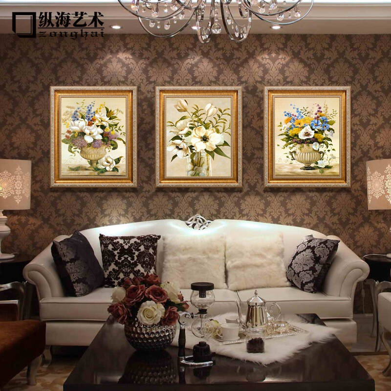 纵海艺术现代美式欧式沙发背景有框画墙画壁画挂画三联客厅装饰画