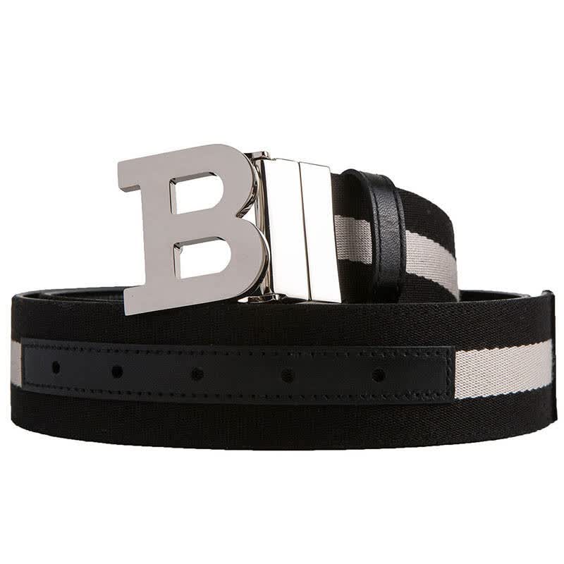 bally 巴利 男士黑色牛皮配织物双面板扣腰带 b buckle 40 m.