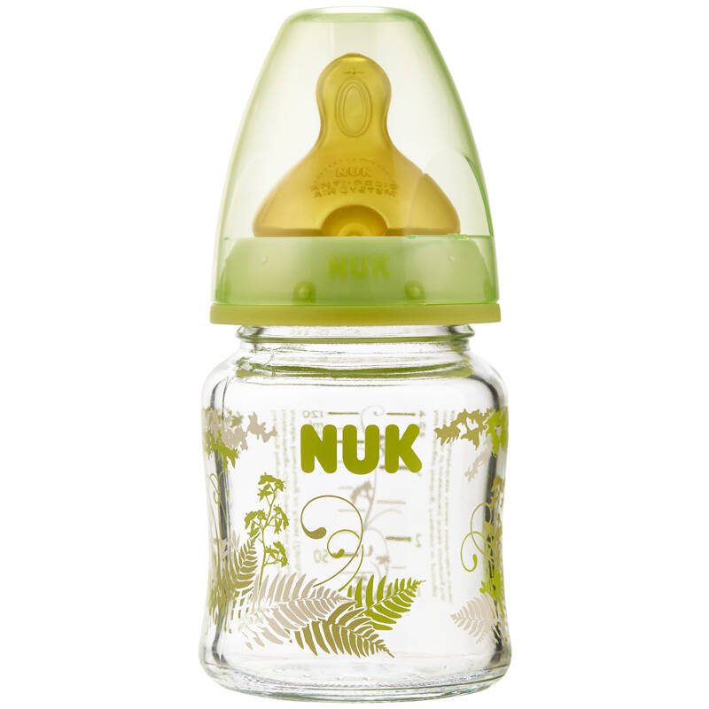 nuk宽口径耐高温玻璃彩色奶瓶120ml配防胀气奶嘴(1号乳胶中号圆孔奶嘴